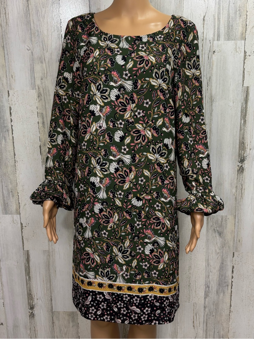 Laundry by Shelli Floral Olive Green Long Sleeve Shift Dress